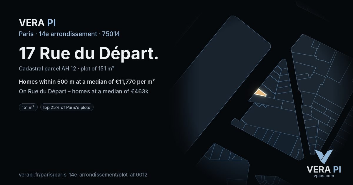 17 Rue du Départ, 14e arrondissement at night – the plot lit, the parcels around coloured by the prices near them