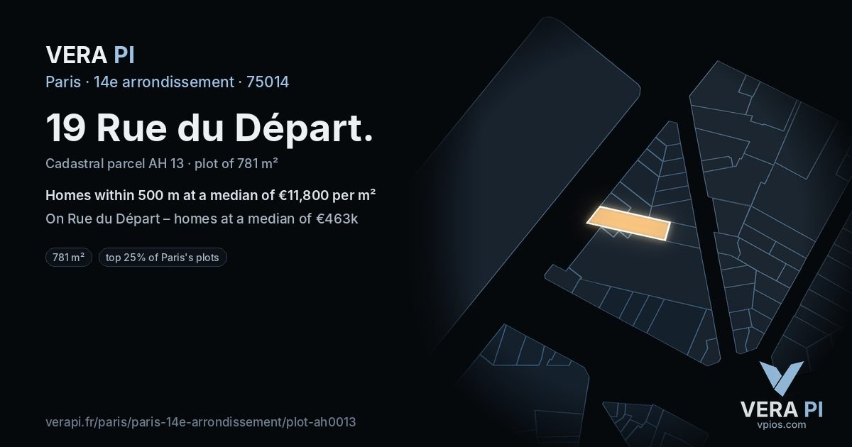 19 Rue du Départ, 14e arrondissement at night – the plot lit, the parcels around coloured by the prices near them
