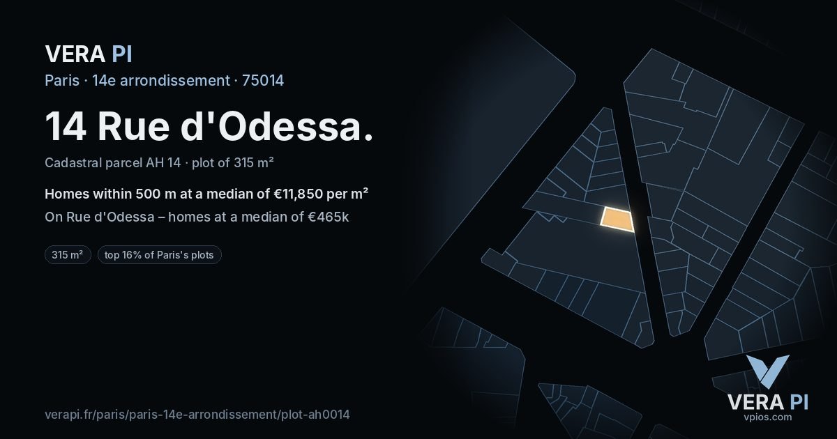 14 Rue d'Odessa, 14e arrondissement at night – the plot lit, the parcels around coloured by the prices near them