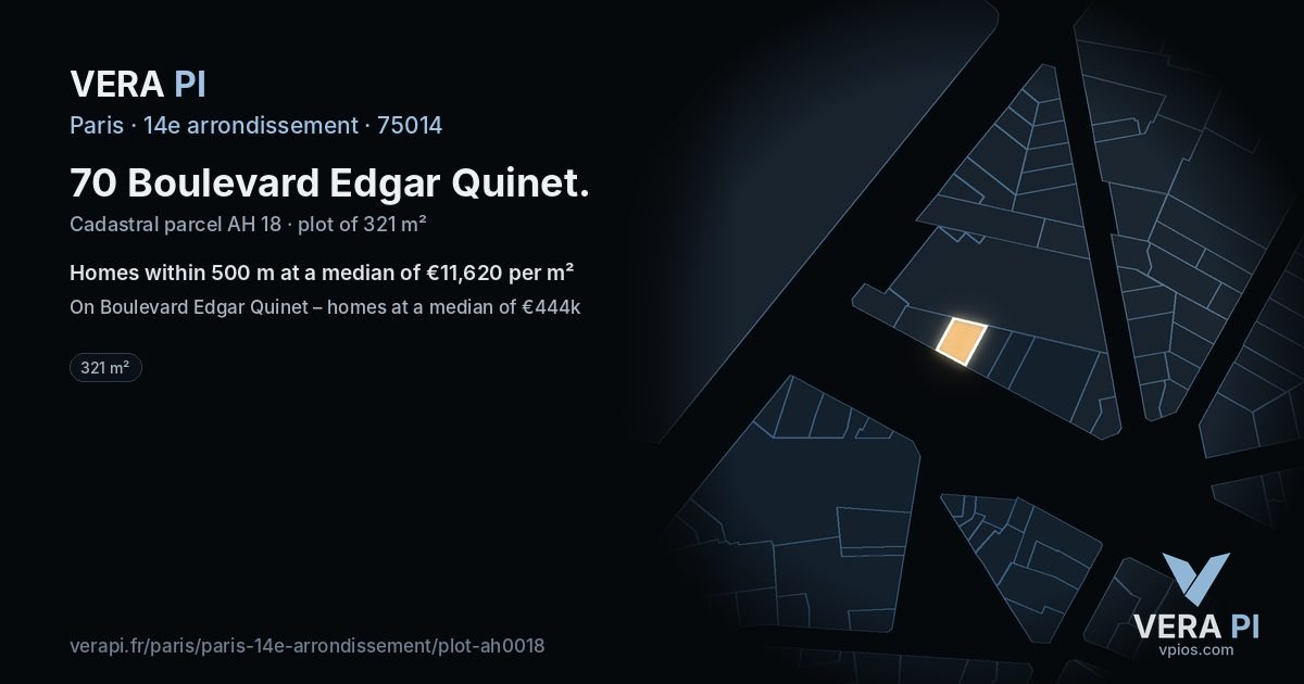 70 Boulevard Edgar Quinet, 14e arrondissement at night – the plot lit, the parcels around coloured by the prices near them