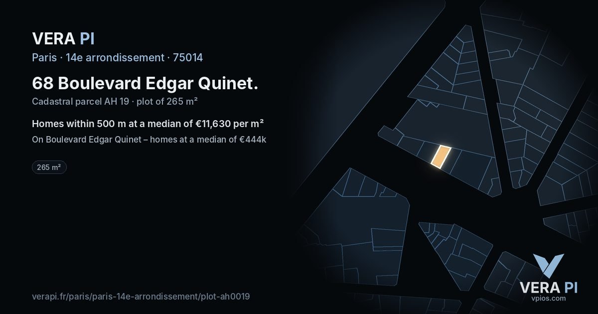 68 Boulevard Edgar Quinet, 14e arrondissement at night – the plot lit, the parcels around coloured by the prices near them
