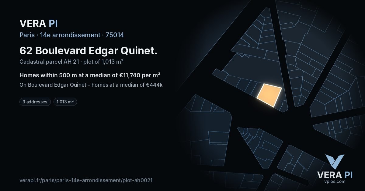 62 Boulevard Edgar Quinet, 14e arrondissement at night – the plot lit, the parcels around coloured by the prices near them