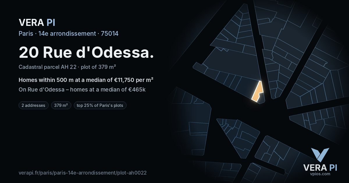 20 Rue d'Odessa, 14e arrondissement at night – the plot lit, the parcels around coloured by the prices near them