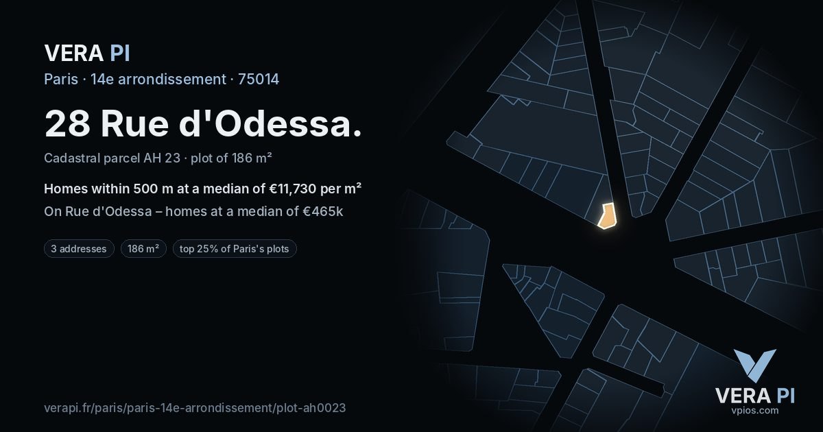 28 Rue d'Odessa, 14e arrondissement at night – the plot lit, the parcels around coloured by the prices near them
