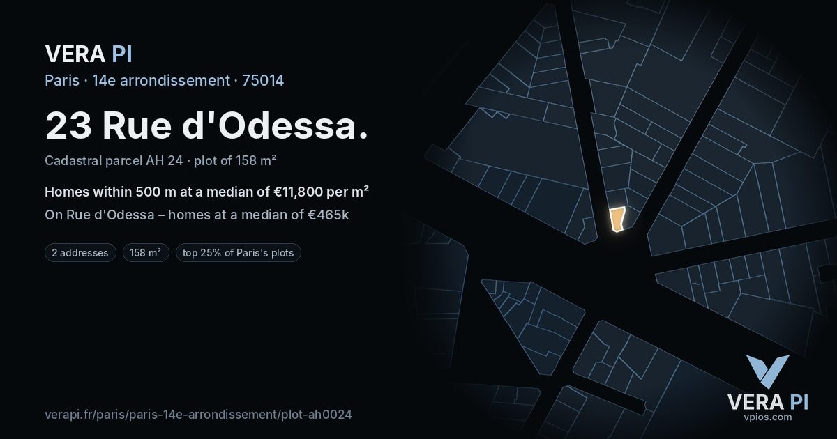 23 Rue d'Odessa, 14e arrondissement at night – the plot lit, the parcels around coloured by the prices near them