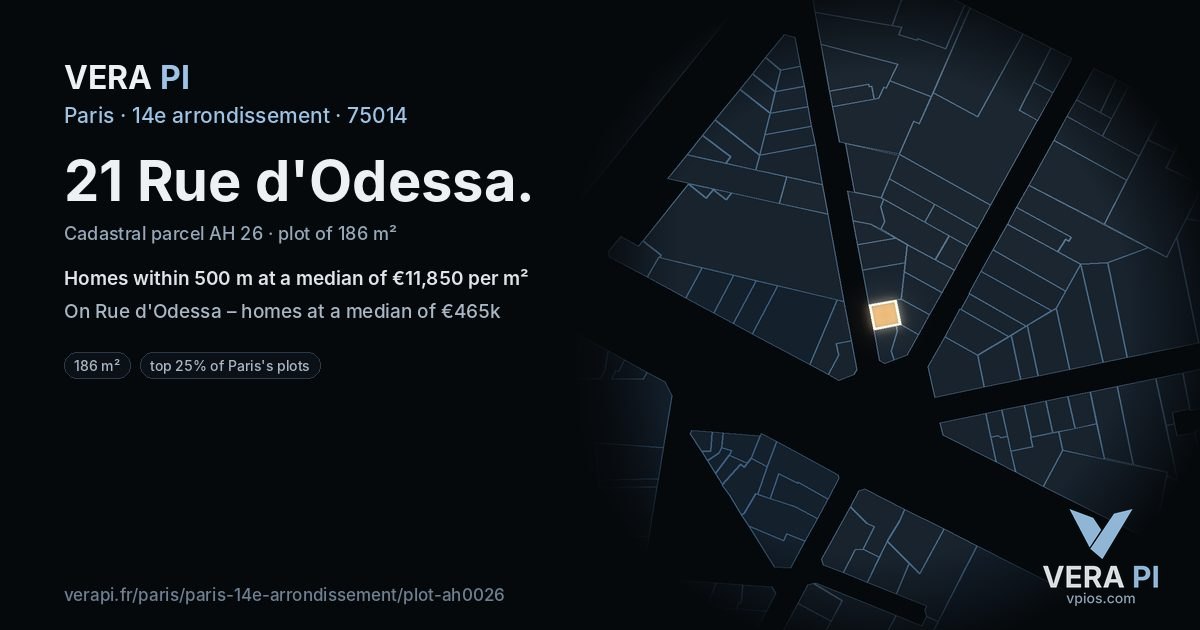 21 Rue d'Odessa, 14e arrondissement at night – the plot lit, the parcels around coloured by the prices near them
