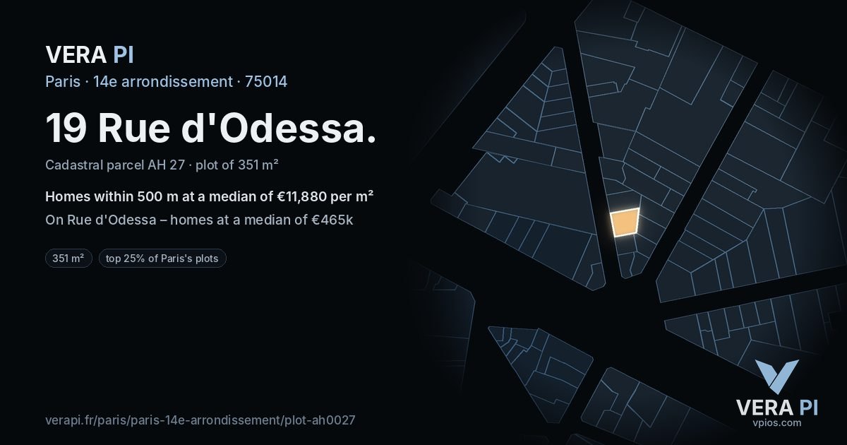 19 Rue d'Odessa, 14e arrondissement at night – the plot lit, the parcels around coloured by the prices near them