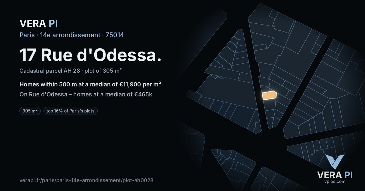 17 Rue d'Odessa, 14e arrondissement at night – the plot lit, the parcels around coloured by the prices near them
