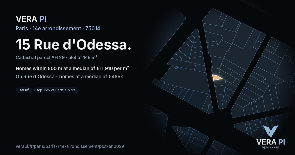 15 Rue d'Odessa, 14e arrondissement at night – the plot lit, the parcels around coloured by the prices near them