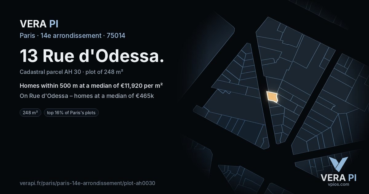 13 Rue d'Odessa, 14e arrondissement at night – the plot lit, the parcels around coloured by the prices near them