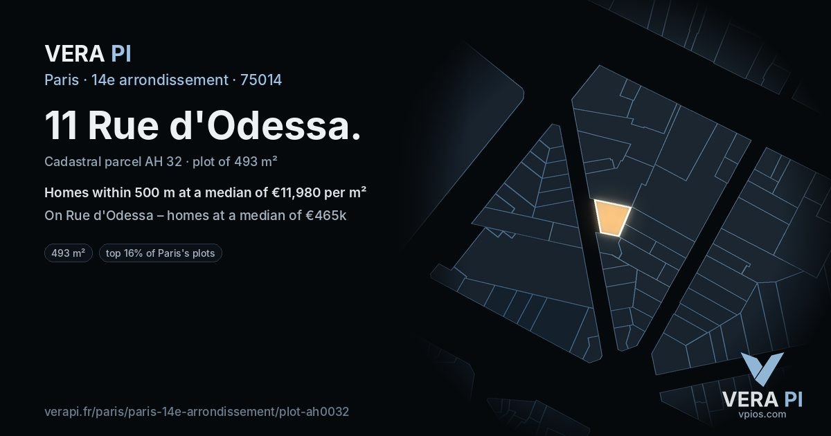 11 Rue d'Odessa, 14e arrondissement at night – the plot lit, the parcels around coloured by the prices near them