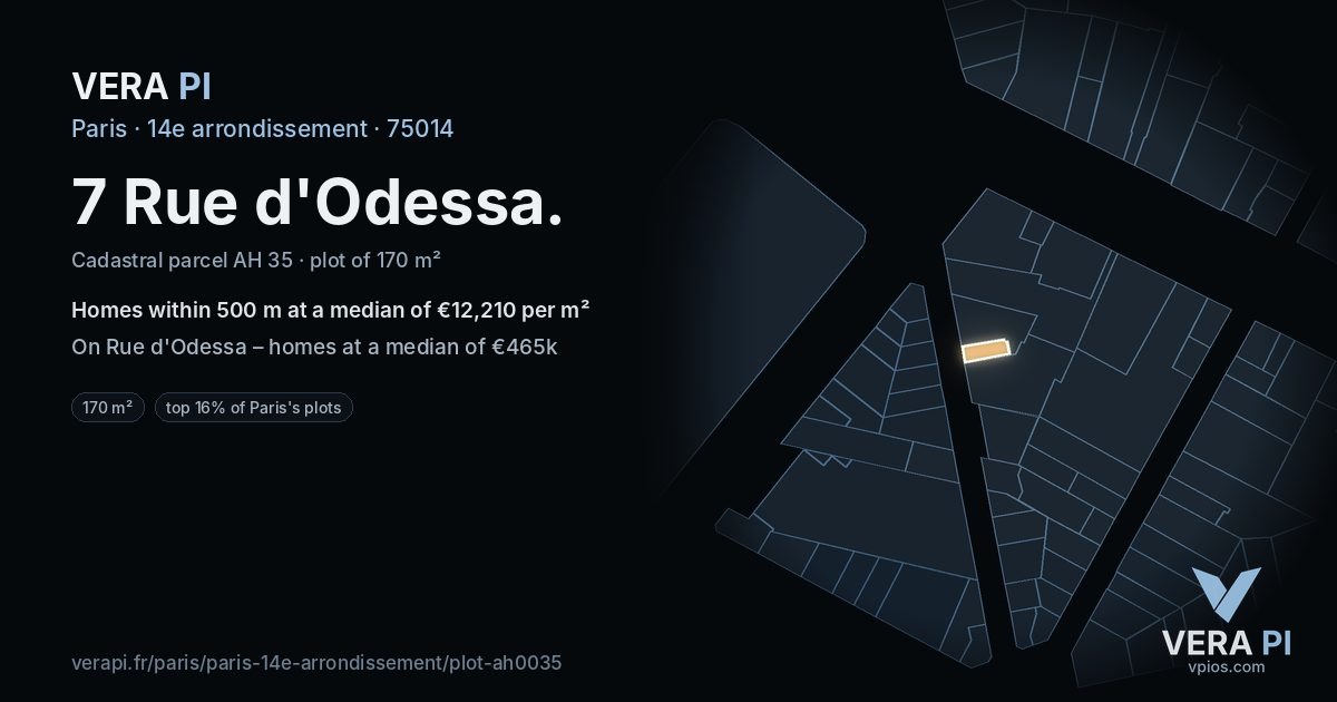 7 Rue d'Odessa, 14e arrondissement at night – the plot lit, the parcels around coloured by the prices near them