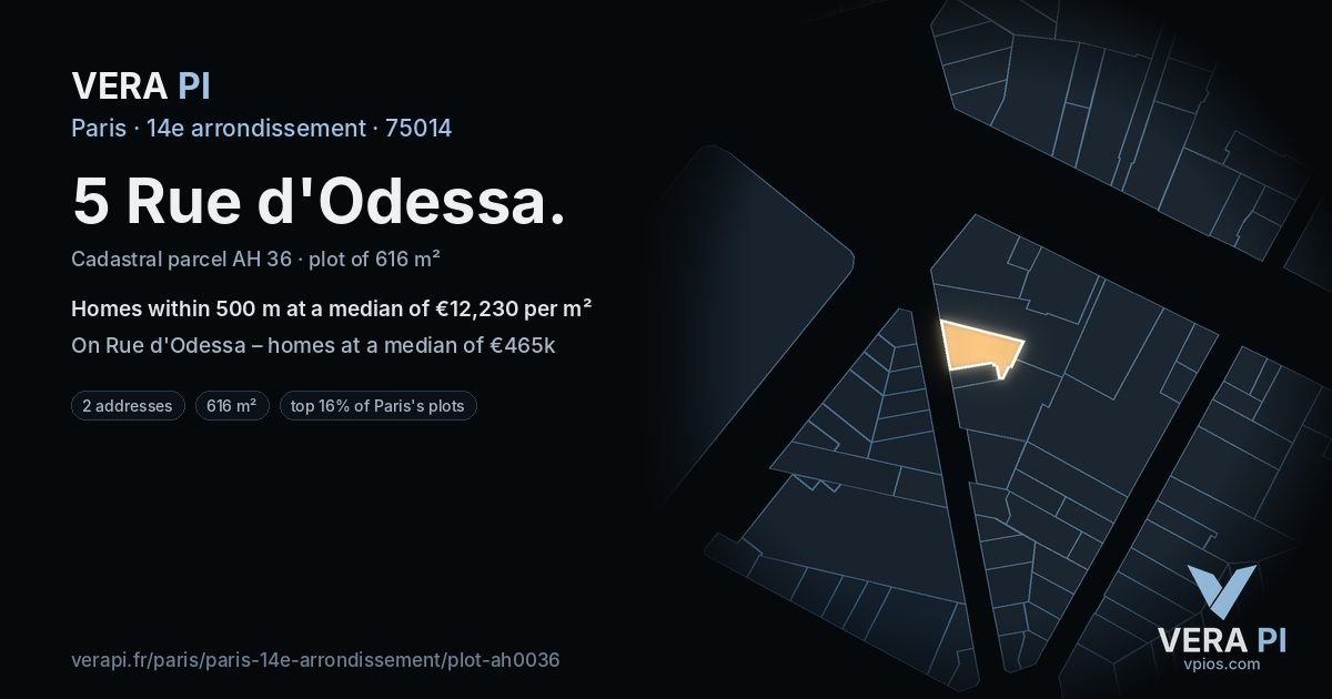5 Rue d'Odessa, 14e arrondissement at night – the plot lit, the parcels around coloured by the prices near them