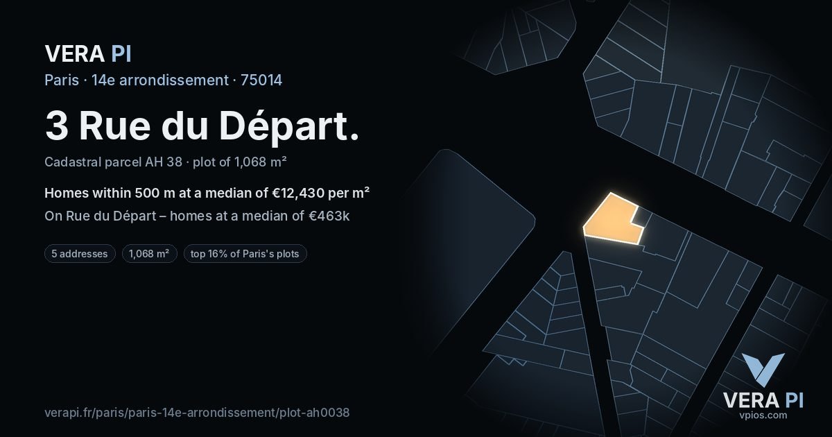 3 Rue du Départ, 14e arrondissement at night – the plot lit, the parcels around coloured by the prices near them