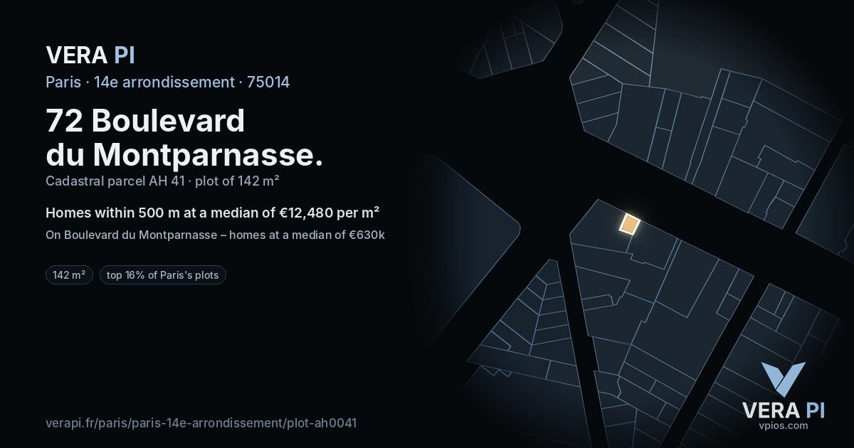 72 Boulevard du Montparnasse, 14e arrondissement at night – the plot lit, the parcels around coloured by the prices near them
