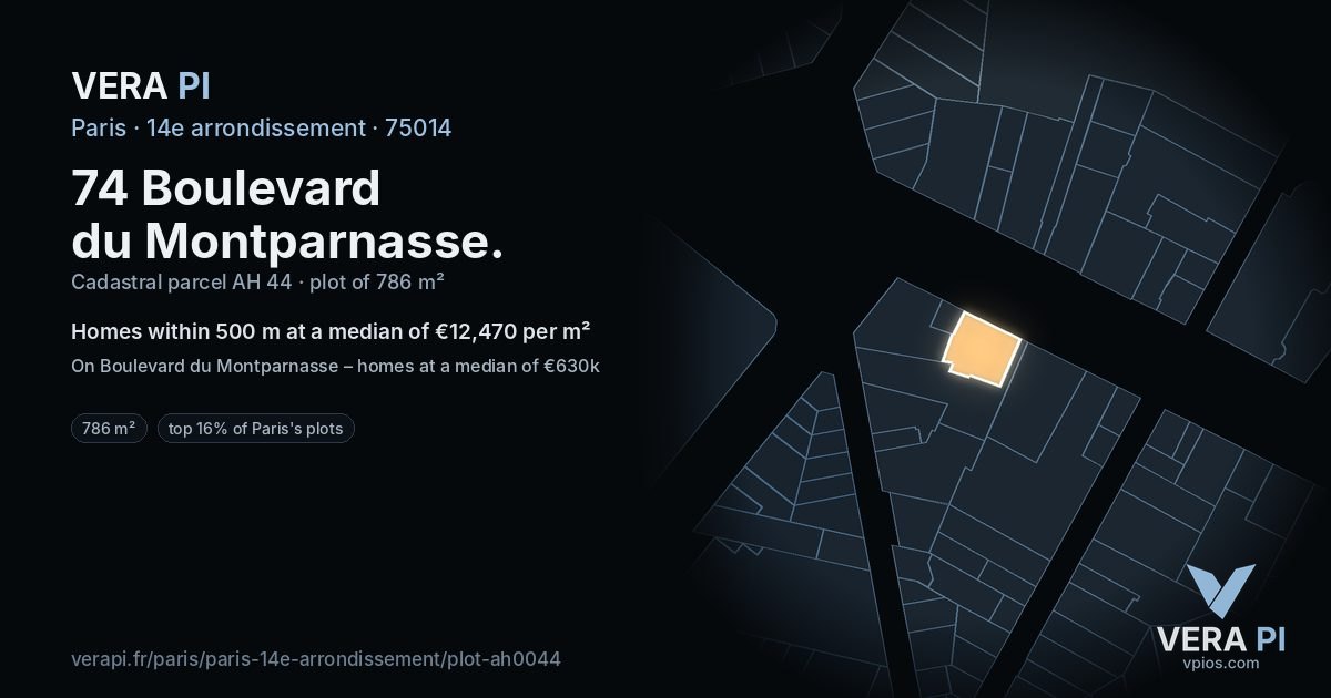 74 Boulevard du Montparnasse, 14e arrondissement at night – the plot lit, the parcels around coloured by the prices near them