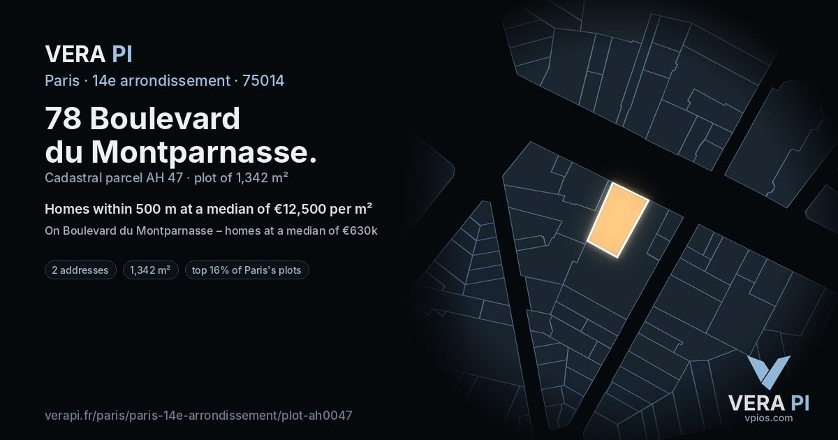 78 Boulevard du Montparnasse, 14e arrondissement at night – the plot lit, the parcels around coloured by the prices near them