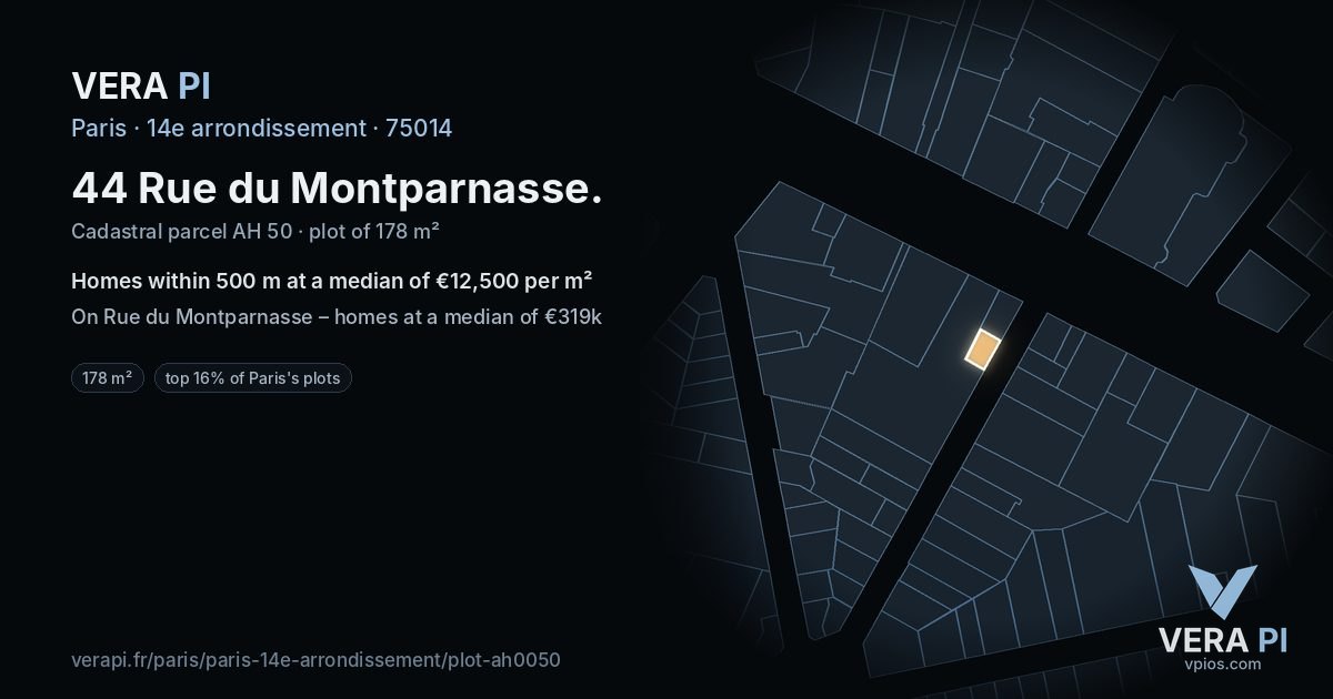 44 Rue du Montparnasse, 14e arrondissement at night – the plot lit, the parcels around coloured by the prices near them