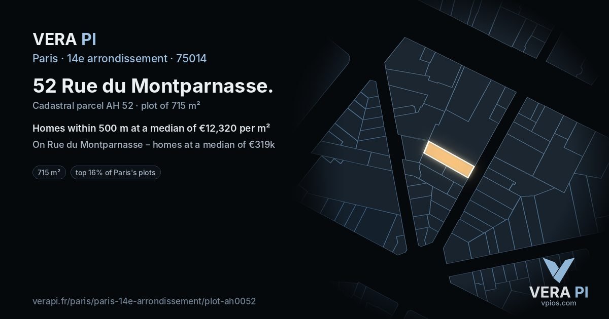 52 Rue du Montparnasse, 14e arrondissement at night – the plot lit, the parcels around coloured by the prices near them