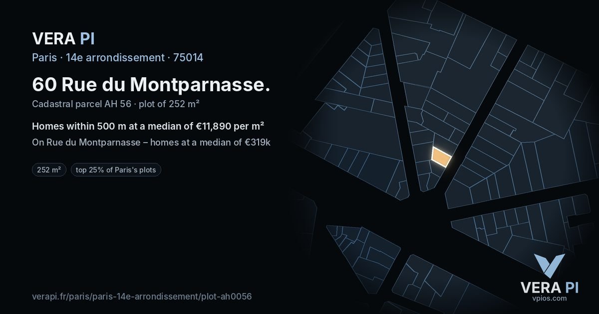 60 Rue du Montparnasse, 14e arrondissement at night – the plot lit, the parcels around coloured by the prices near them
