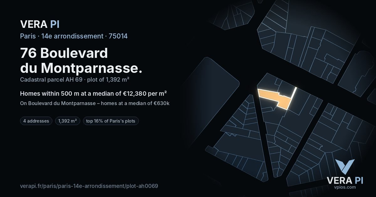 76 Boulevard du Montparnasse, 14e arrondissement at night – the plot lit, the parcels around coloured by the prices near them