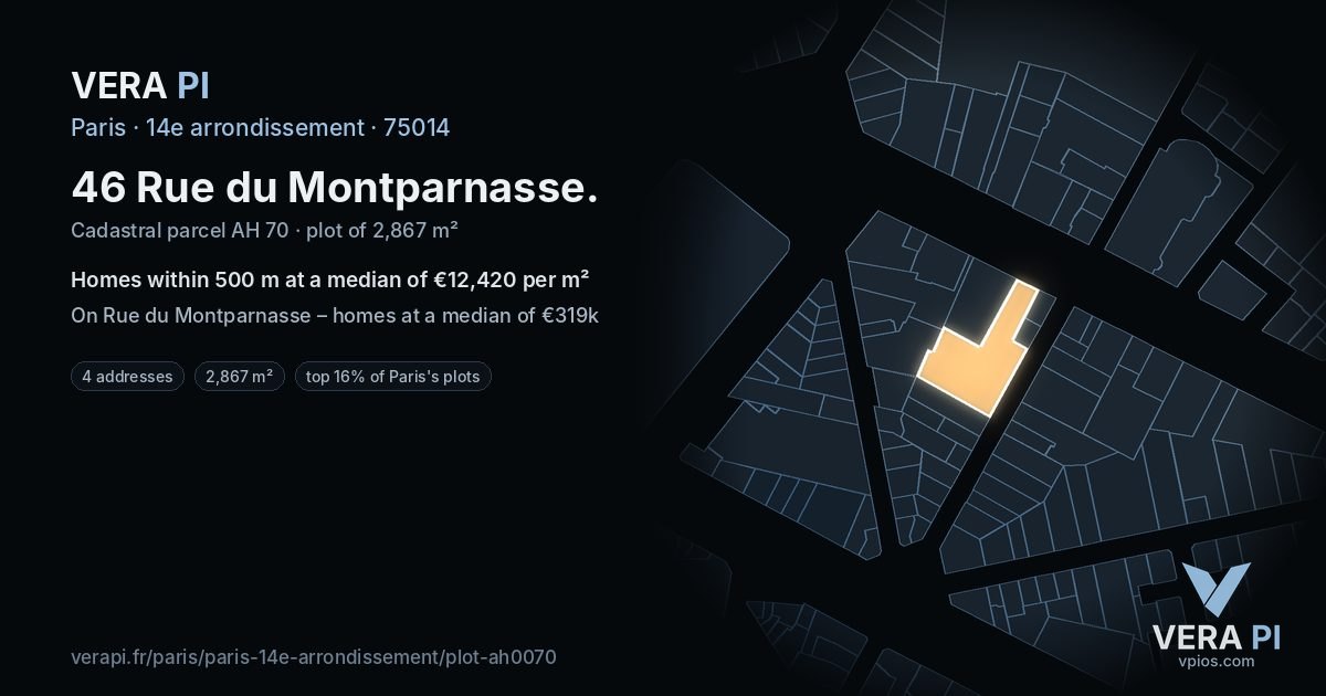 46 Rue du Montparnasse, 14e arrondissement at night – the plot lit, the parcels around coloured by the prices near them
