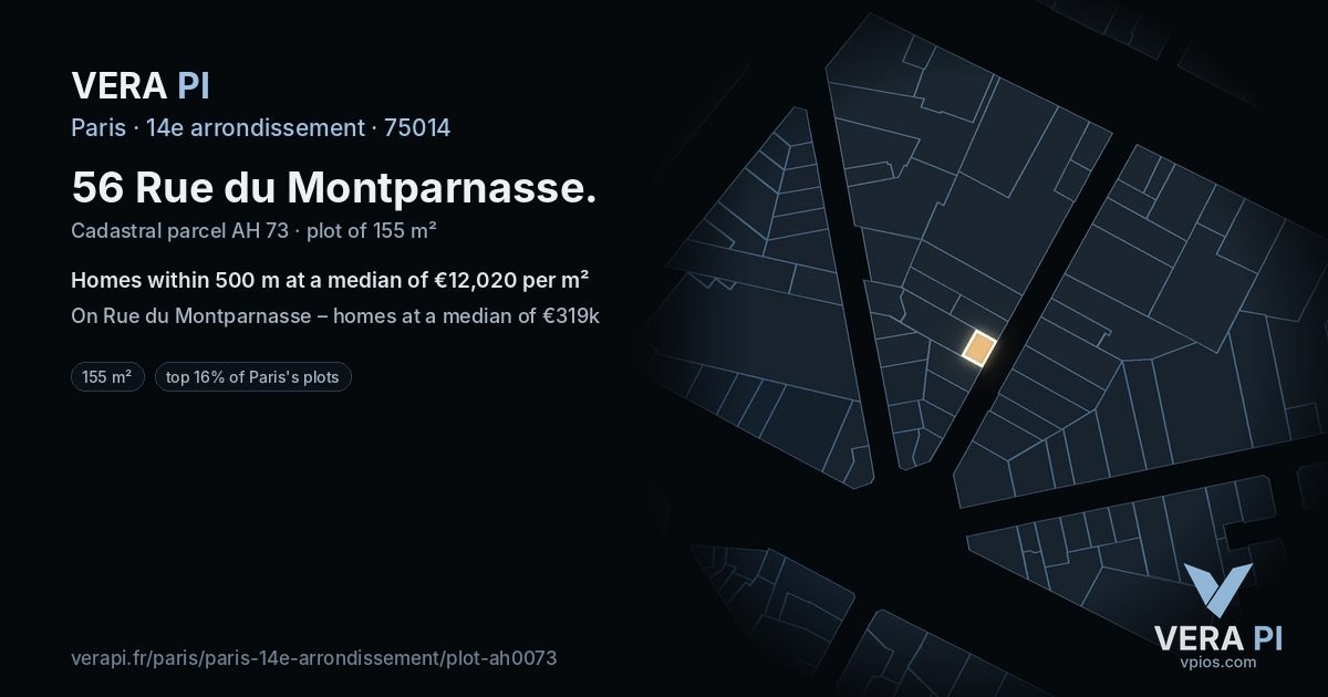 56 Rue du Montparnasse, 14e arrondissement at night – the plot lit, the parcels around coloured by the prices near them