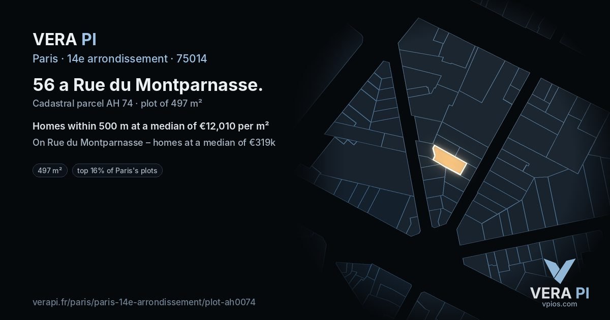 56 a Rue du Montparnasse, 14e arrondissement at night – the plot lit, the parcels around coloured by the prices near them
