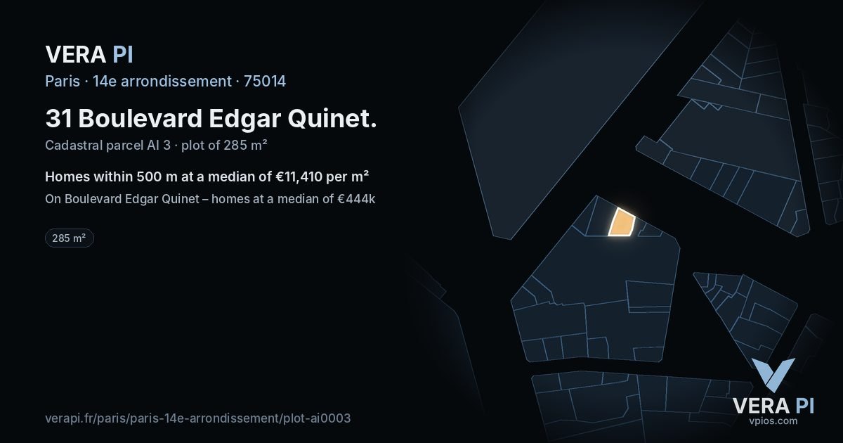 31 Boulevard Edgar Quinet, 14e arrondissement at night – the plot lit, the parcels around coloured by the prices near them