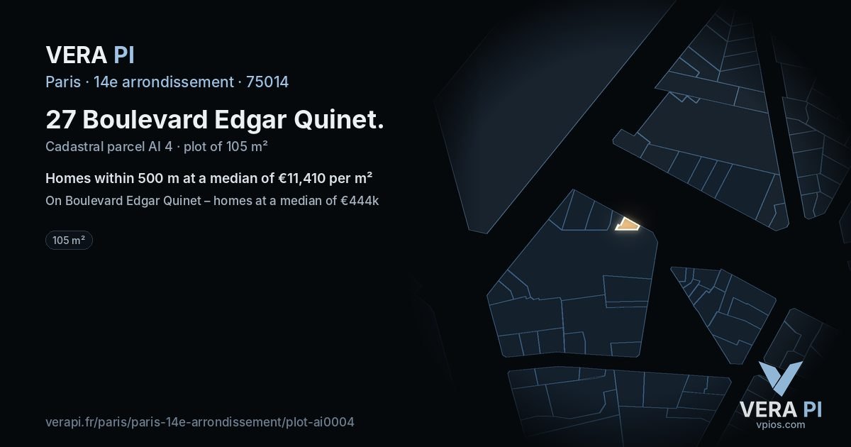 27 Boulevard Edgar Quinet, 14e arrondissement at night – the plot lit, the parcels around coloured by the prices near them