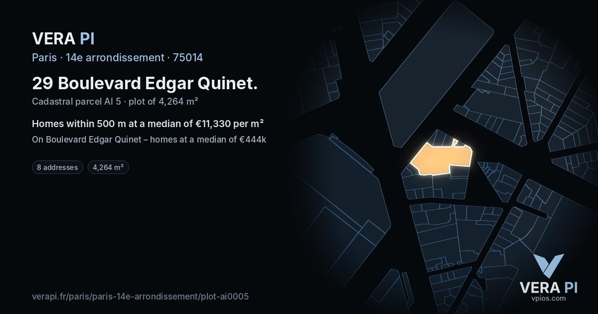 29 Boulevard Edgar Quinet, 14e arrondissement at night – the plot lit, the parcels around coloured by the prices near them