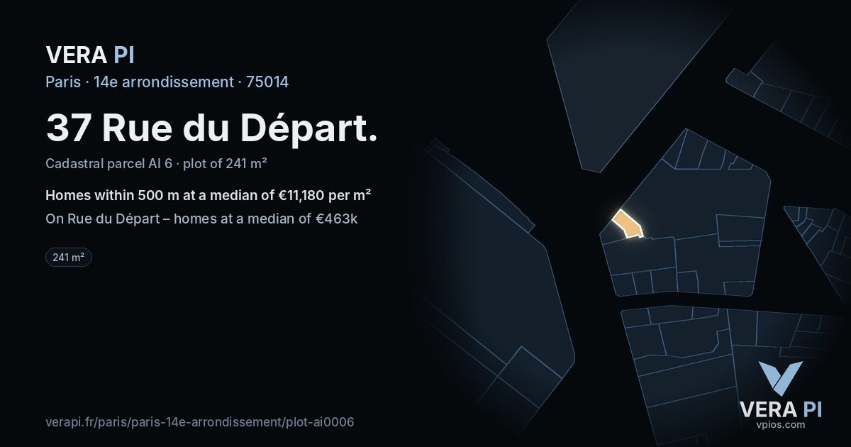37 Rue du Départ, 14e arrondissement at night – the plot lit, the parcels around coloured by the prices near them