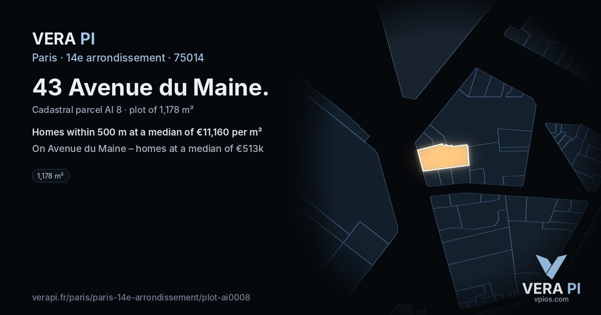 43 Avenue du Maine, 14e arrondissement at night – the plot lit, the parcels around coloured by the prices near them