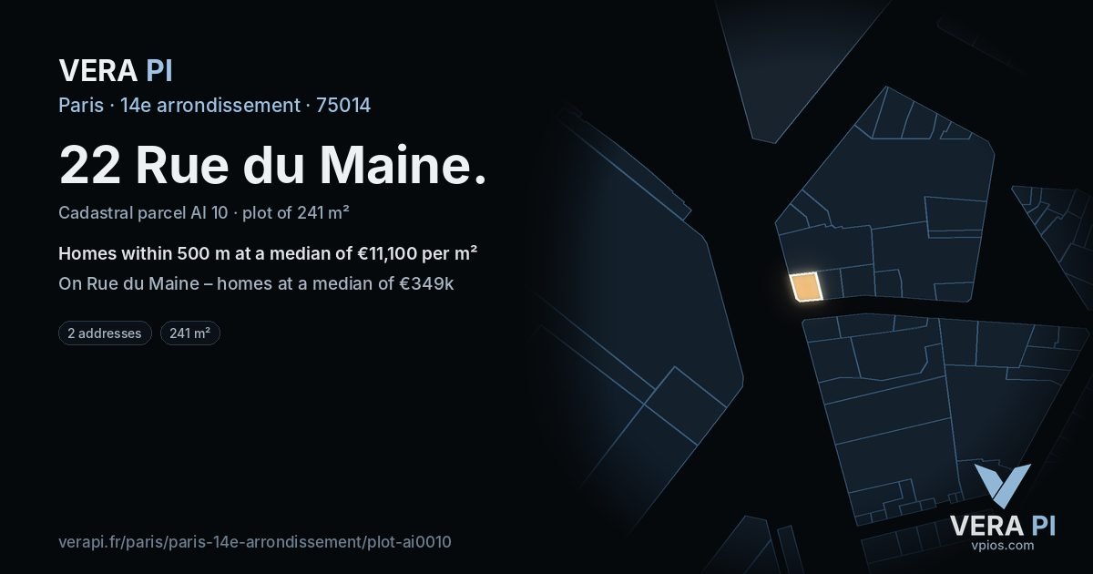 22 Rue du Maine, 14e arrondissement at night – the plot lit, the parcels around coloured by the prices near them