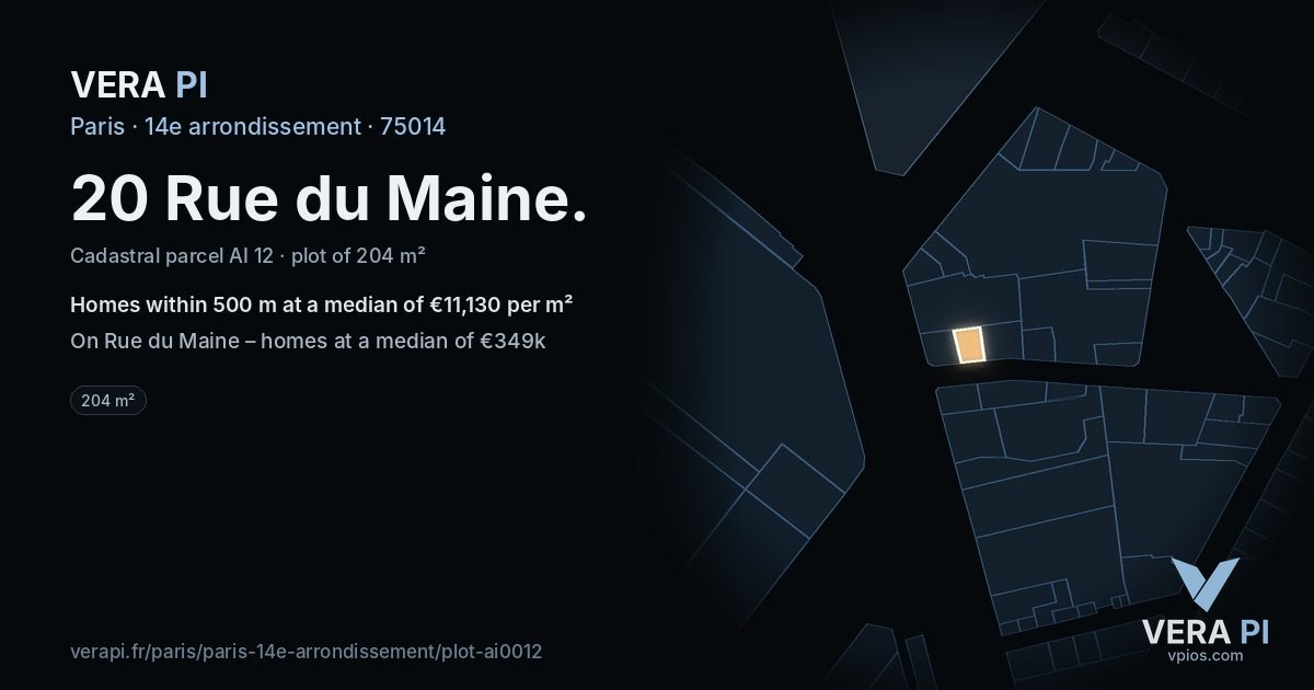 20 Rue du Maine, 14e arrondissement at night – the plot lit, the parcels around coloured by the prices near them