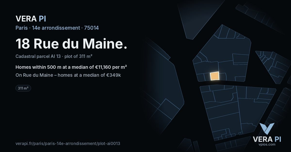 18 Rue du Maine, 14e arrondissement at night – the plot lit, the parcels around coloured by the prices near them