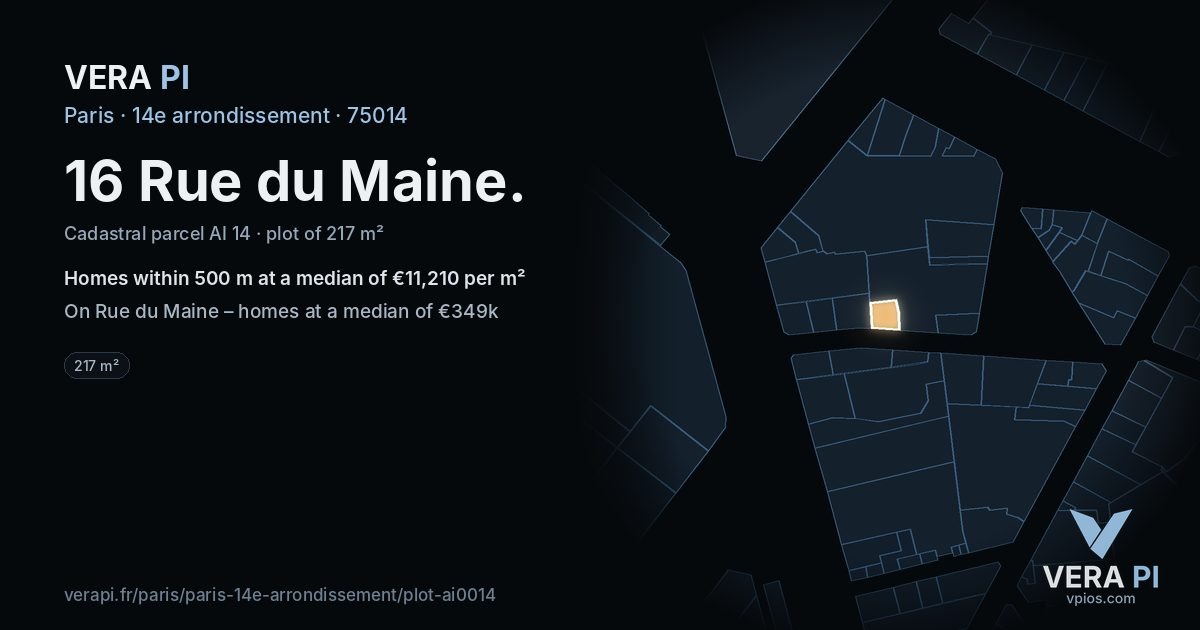 16 Rue du Maine, 14e arrondissement at night – the plot lit, the parcels around coloured by the prices near them