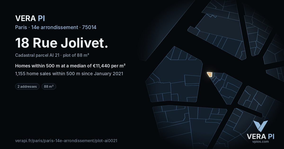 18 Rue Jolivet, 14e arrondissement at night – the plot lit, the parcels around coloured by the prices near them