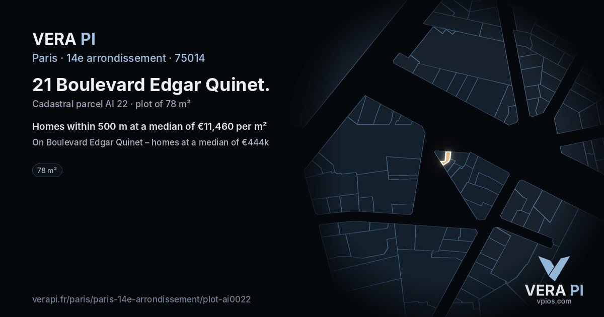 21 Boulevard Edgar Quinet, 14e arrondissement at night – the plot lit, the parcels around coloured by the prices near them