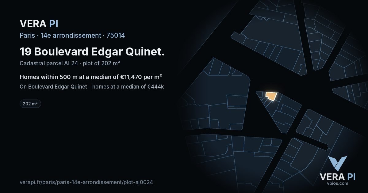 19 Boulevard Edgar Quinet, 14e arrondissement at night – the plot lit, the parcels around coloured by the prices near them