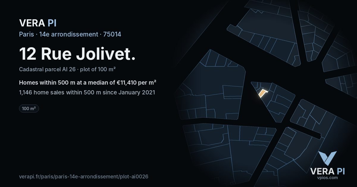 12 Rue Jolivet, 14e arrondissement at night – the plot lit, the parcels around coloured by the prices near them