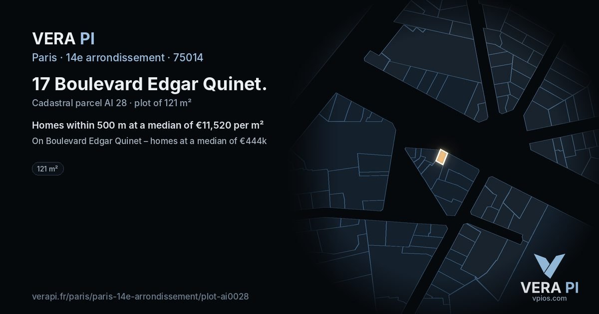 17 Boulevard Edgar Quinet, 14e arrondissement at night – the plot lit, the parcels around coloured by the prices near them