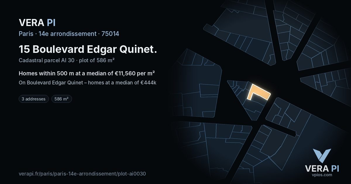 15 Boulevard Edgar Quinet, 14e arrondissement at night – the plot lit, the parcels around coloured by the prices near them