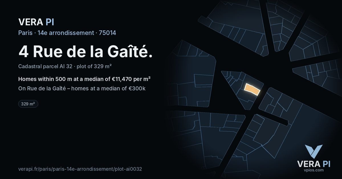 4 Rue de la Gaîté, 14e arrondissement at night – the plot lit, the parcels around coloured by the prices near them
