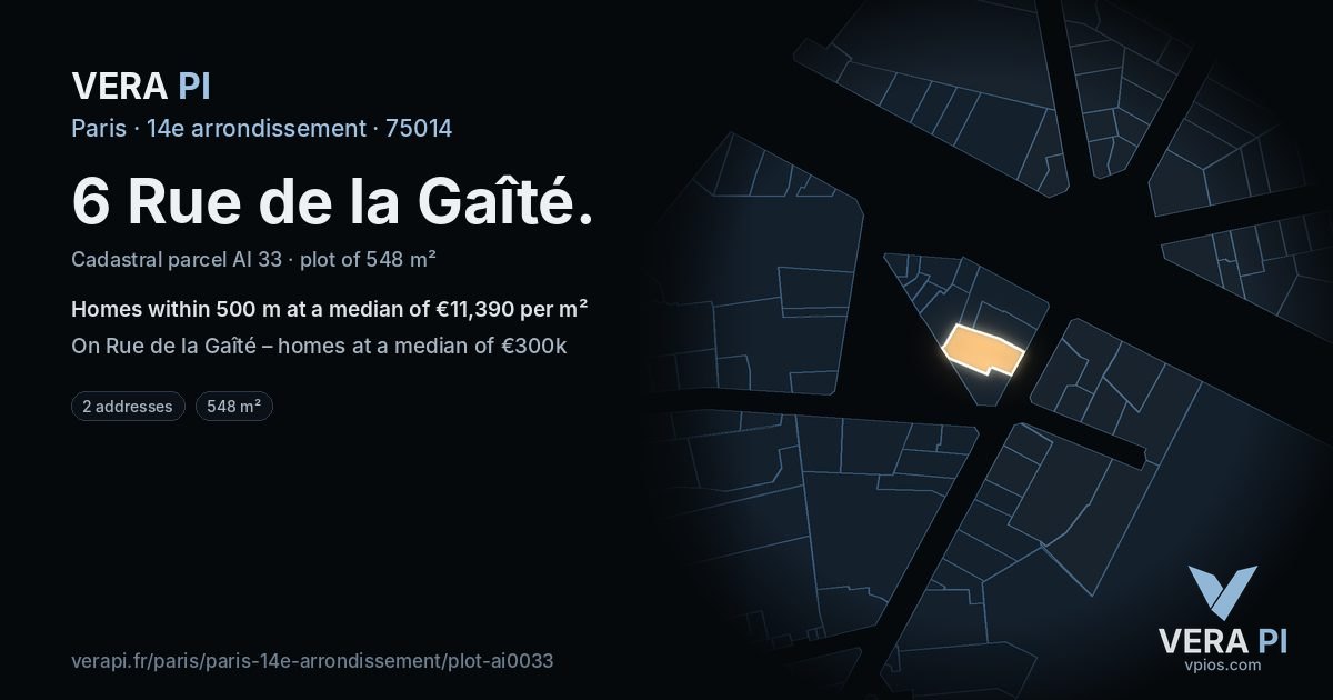 6 Rue de la Gaîté, 14e arrondissement at night – the plot lit, the parcels around coloured by the prices near them