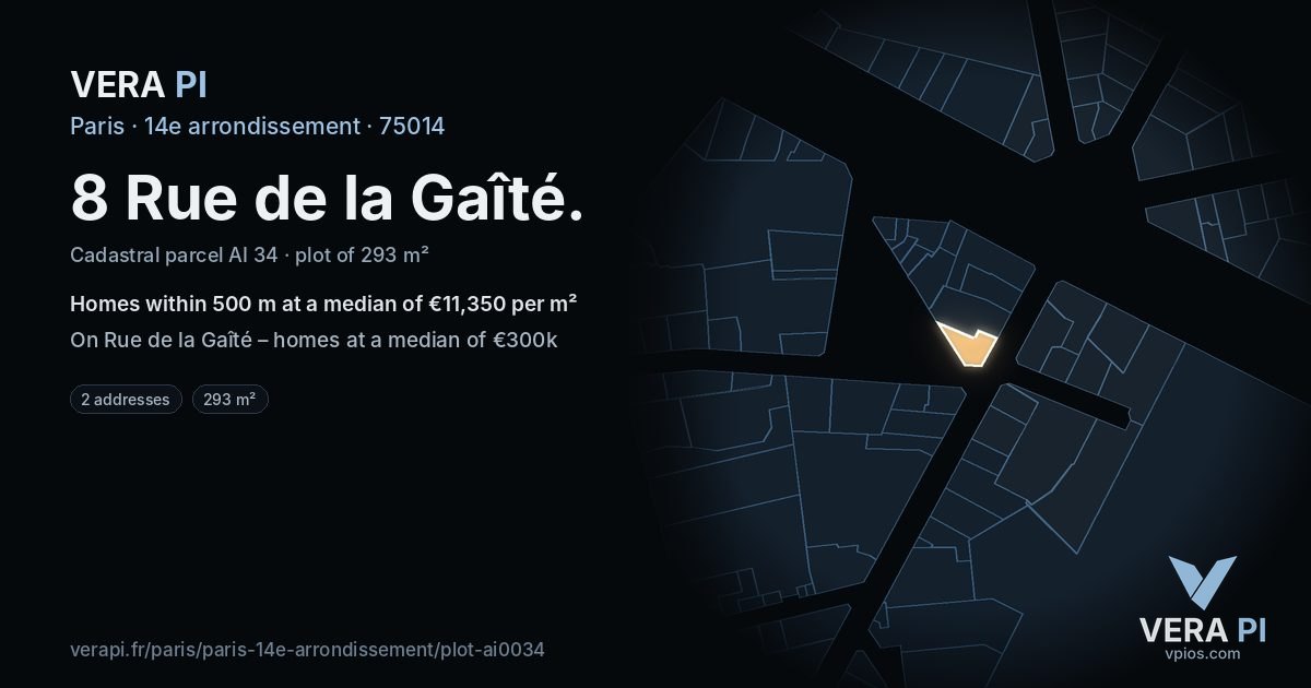 8 Rue de la Gaîté, 14e arrondissement at night – the plot lit, the parcels around coloured by the prices near them