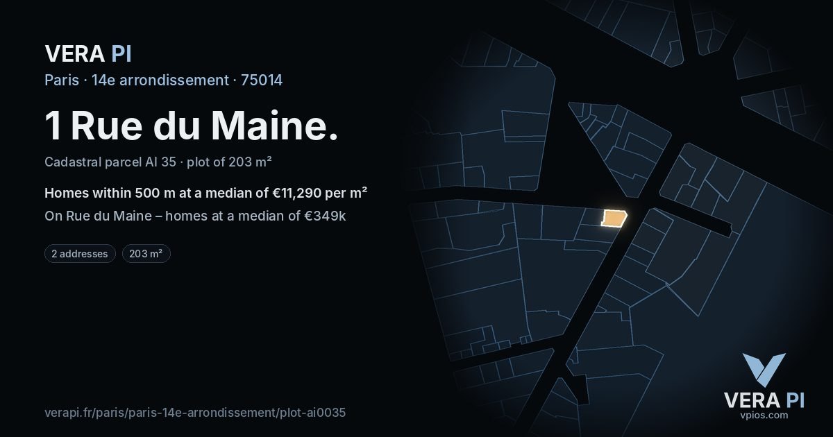 1 Rue du Maine, 14e arrondissement at night – the plot lit, the parcels around coloured by the prices near them