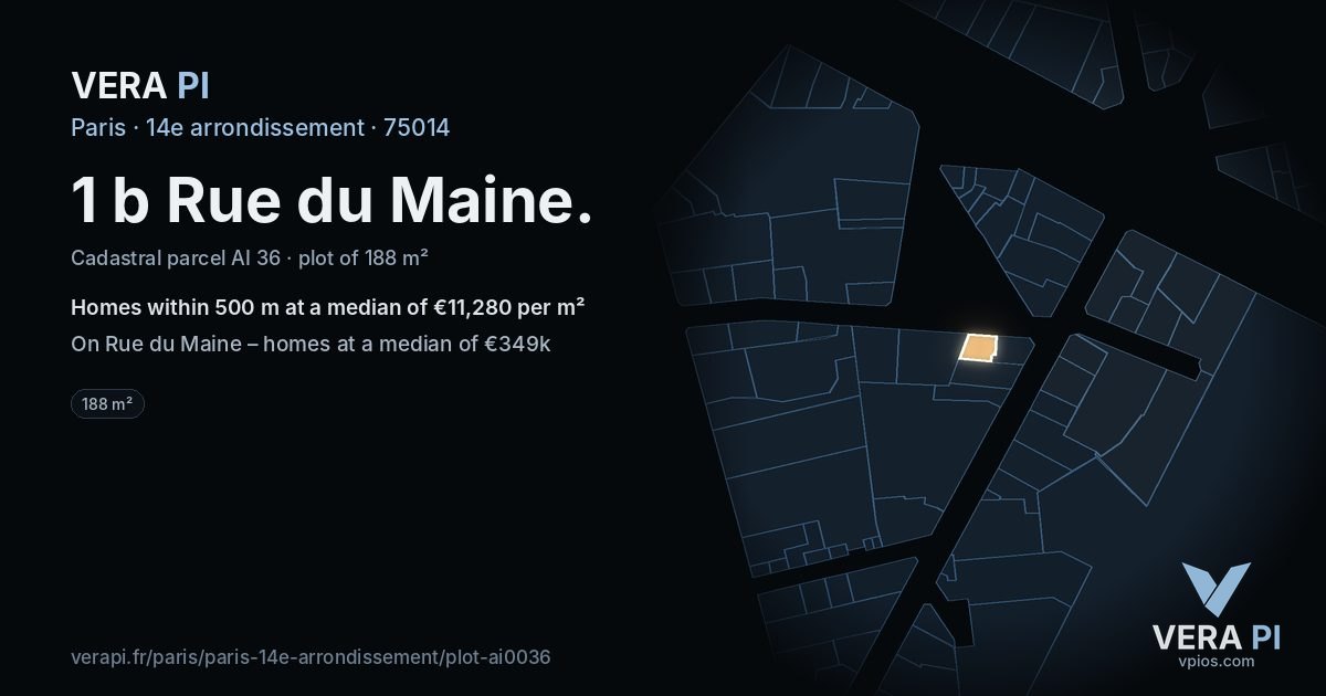 1 b Rue du Maine, 14e arrondissement at night – the plot lit, the parcels around coloured by the prices near them