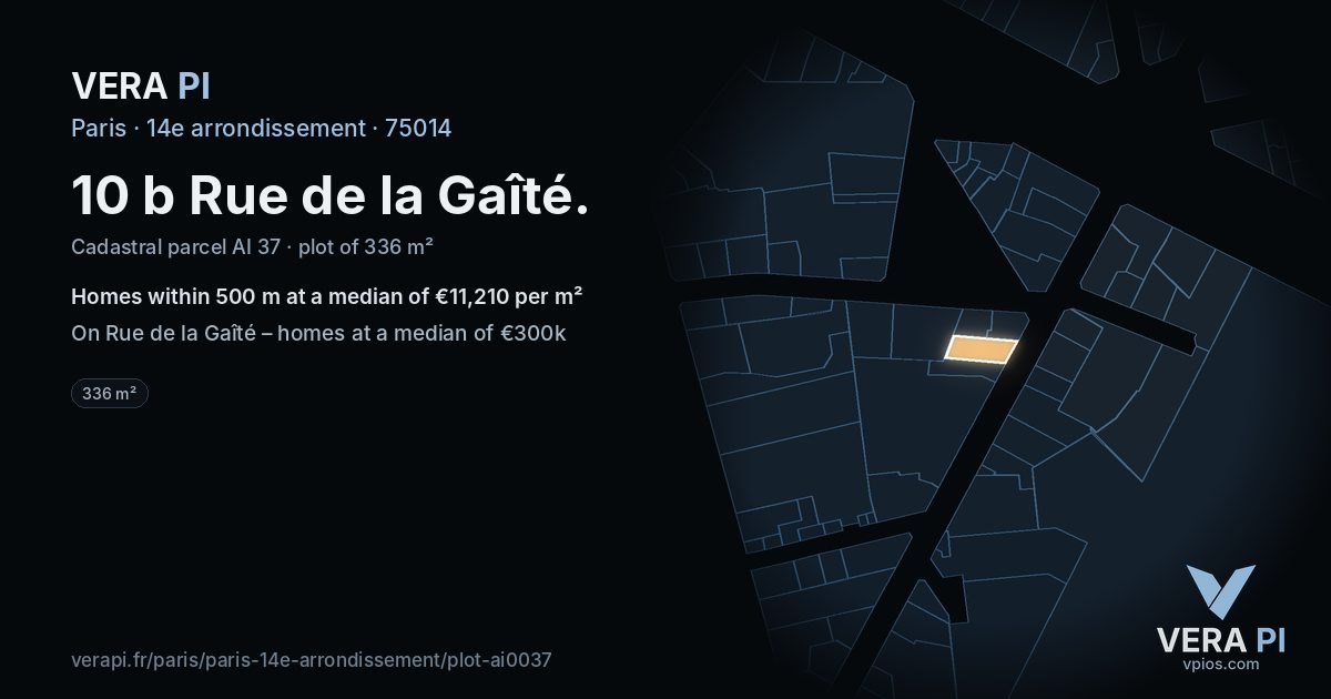 10 b Rue de la Gaîté, 14e arrondissement at night – the plot lit, the parcels around coloured by the prices near them