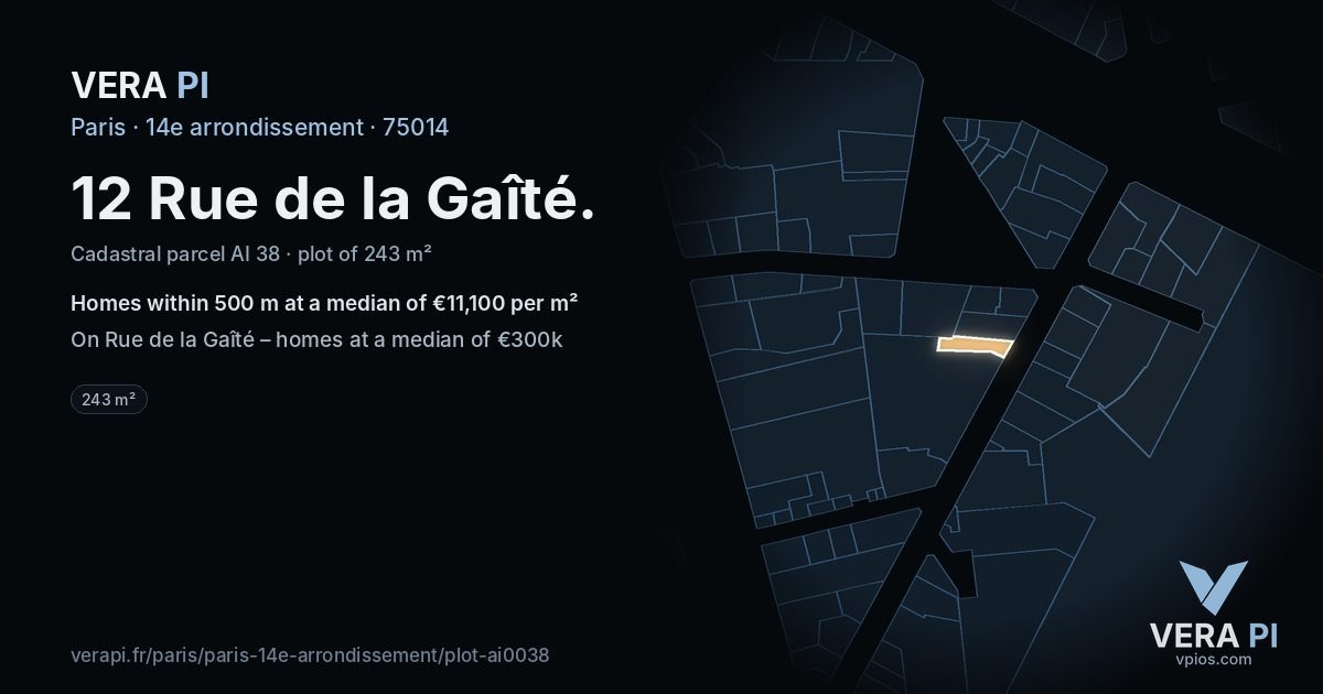 12 Rue de la Gaîté, 14e arrondissement at night – the plot lit, the parcels around coloured by the prices near them
